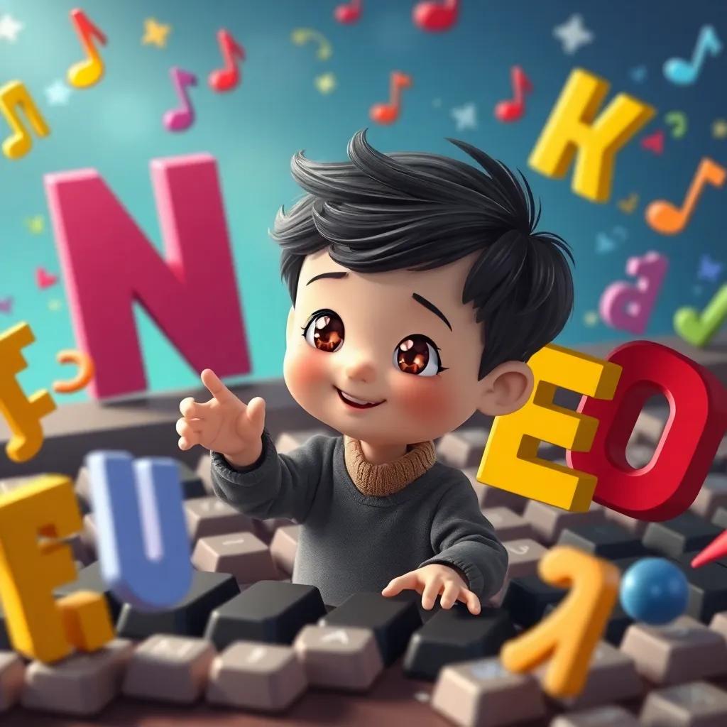 شعر, a young boy with friends made of letters, all playing together in a lively keyboard world, colorful and happy, different letters dancing around, magical atmosphere, digital art, high quality