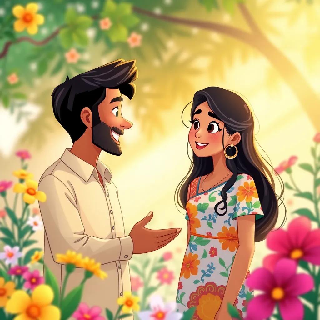 Nasir with short black hair wearing a light shirt, passionately talking about Oman’s beauty to Shamsa, who has long black hair and wears a colorful dress, surrounded by colorful flowers, illustration, warm light, friendly scene, high quality
