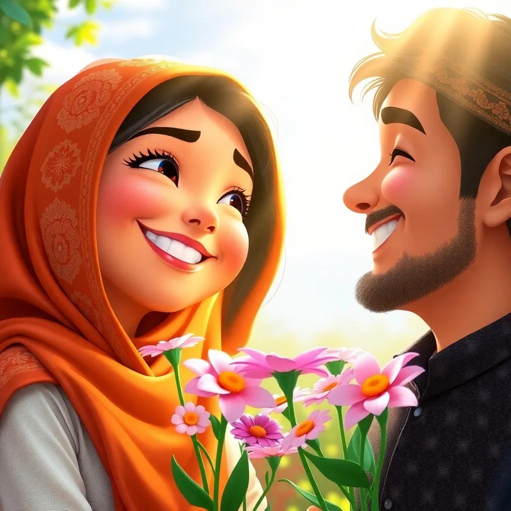 A close-up of Shamsa with flowers in her hands, smiling happily towards Nasir, sun rays illuminating their joyful expressions, nature background, digital painting, bright light, colorful, high quality