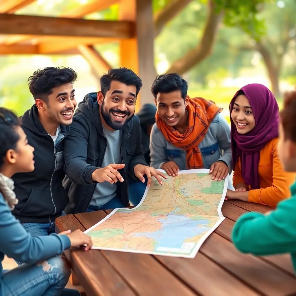 Nasir enthusiastically planning their project with Shamsa, pointing to a map on a picnic table, surrounded by friends, joyful and engaged faces, lively atmosphere, bright colors, high quality