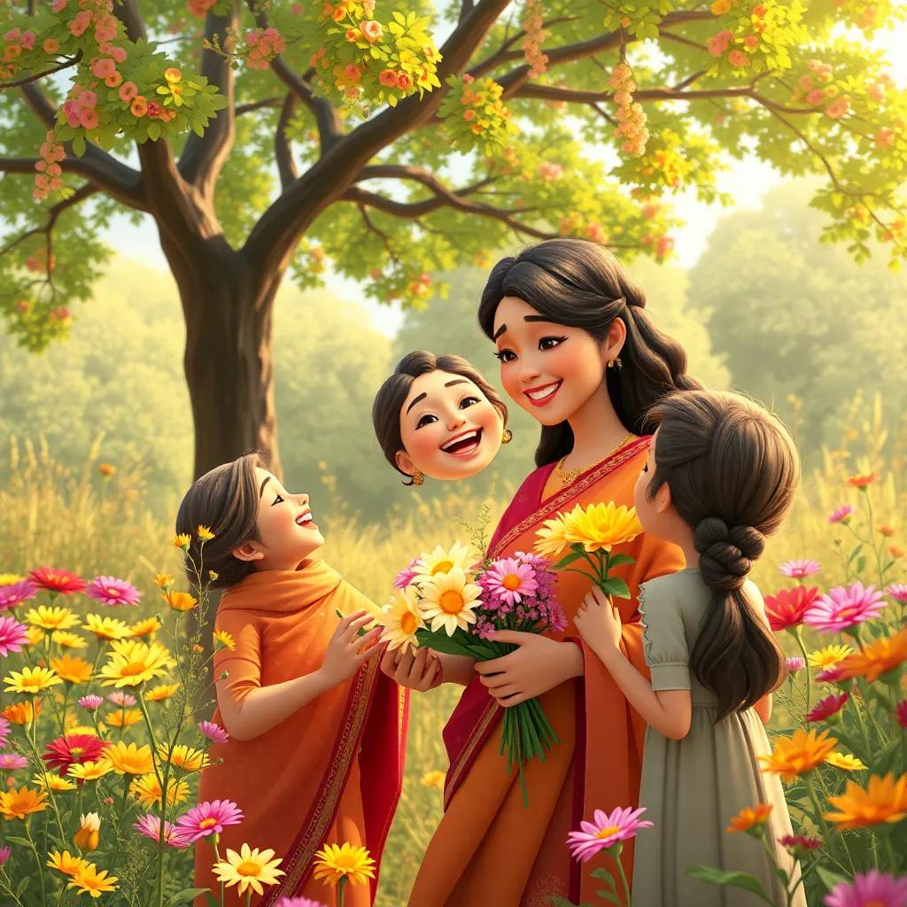 Shamsa distributing flowers to her friends with laughter all around, trees and colorful flowers in the background, digital art, vibrant atmosphere, heartwarming, high quality