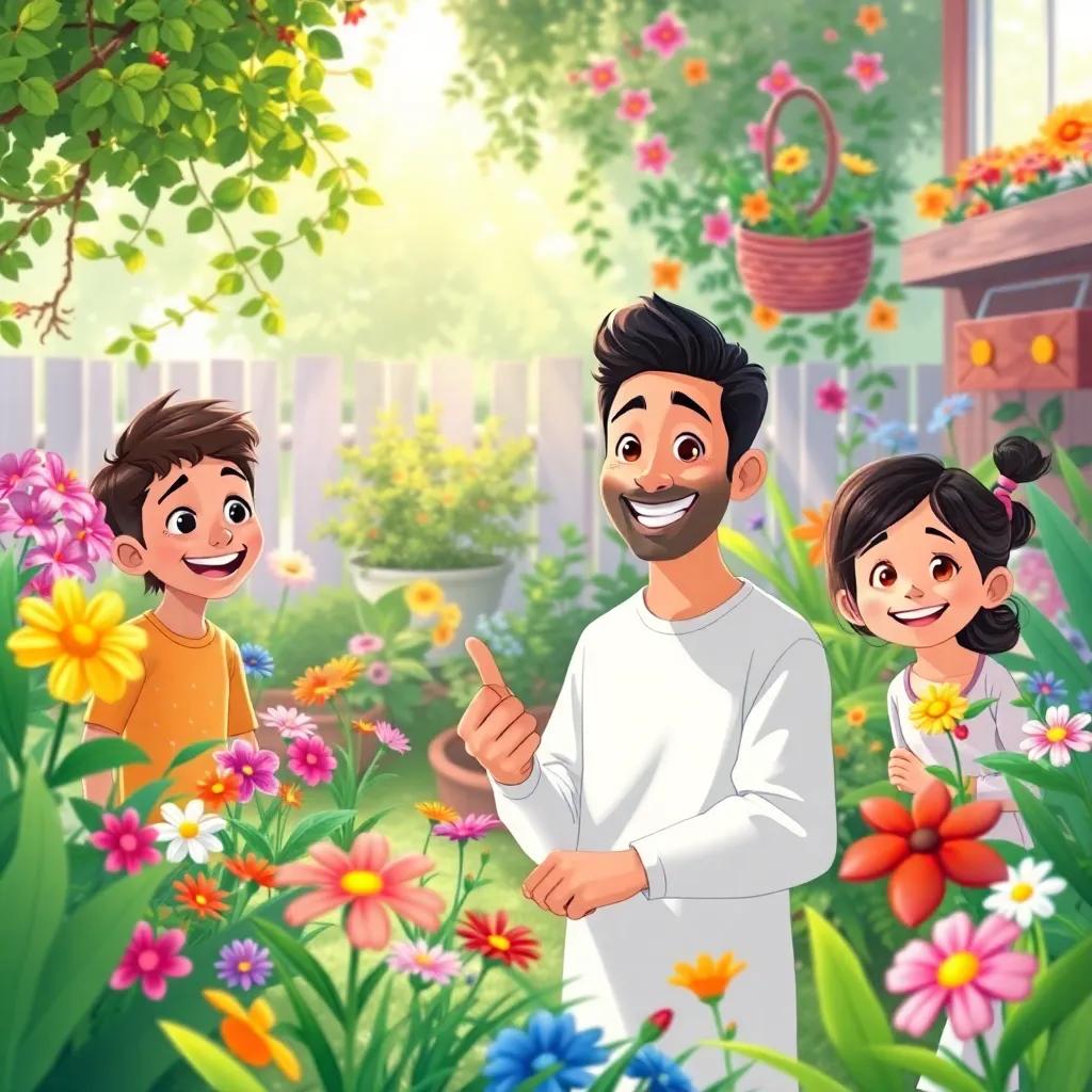 After a week of hard work, the garden transformed into a colorful oasis, Nasir proudly displaying the results to their friends, bright light and vivid flowers, illustration, joyful expressions, high quality