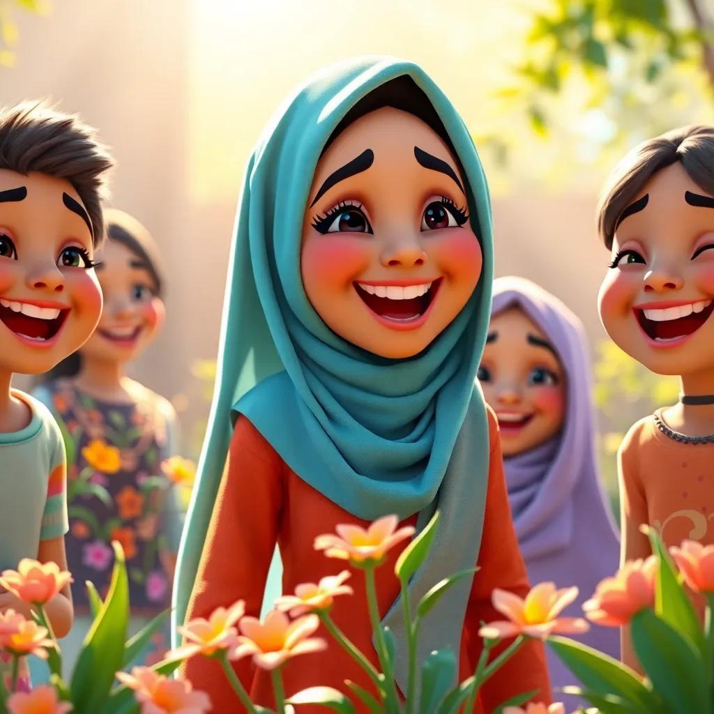 Shamsa joyfully saying: "Look how we made our garden beautiful!" surrounded by happy friends, sunlight illuminating the scene, cheerful, bright colors, high quality