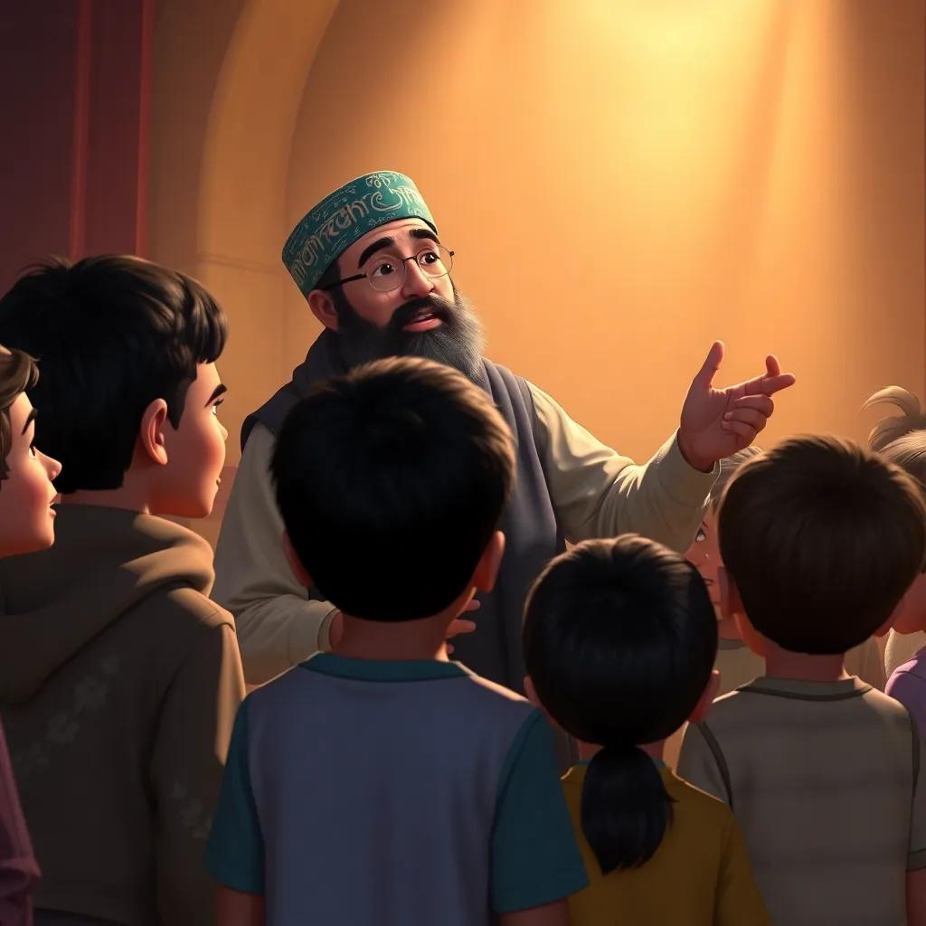 Nasir reminding the children: "Love for our homeland is reflected in our actions!" everyone listening attentively, inspirational atmosphere, digital painting, warm light, high quality
