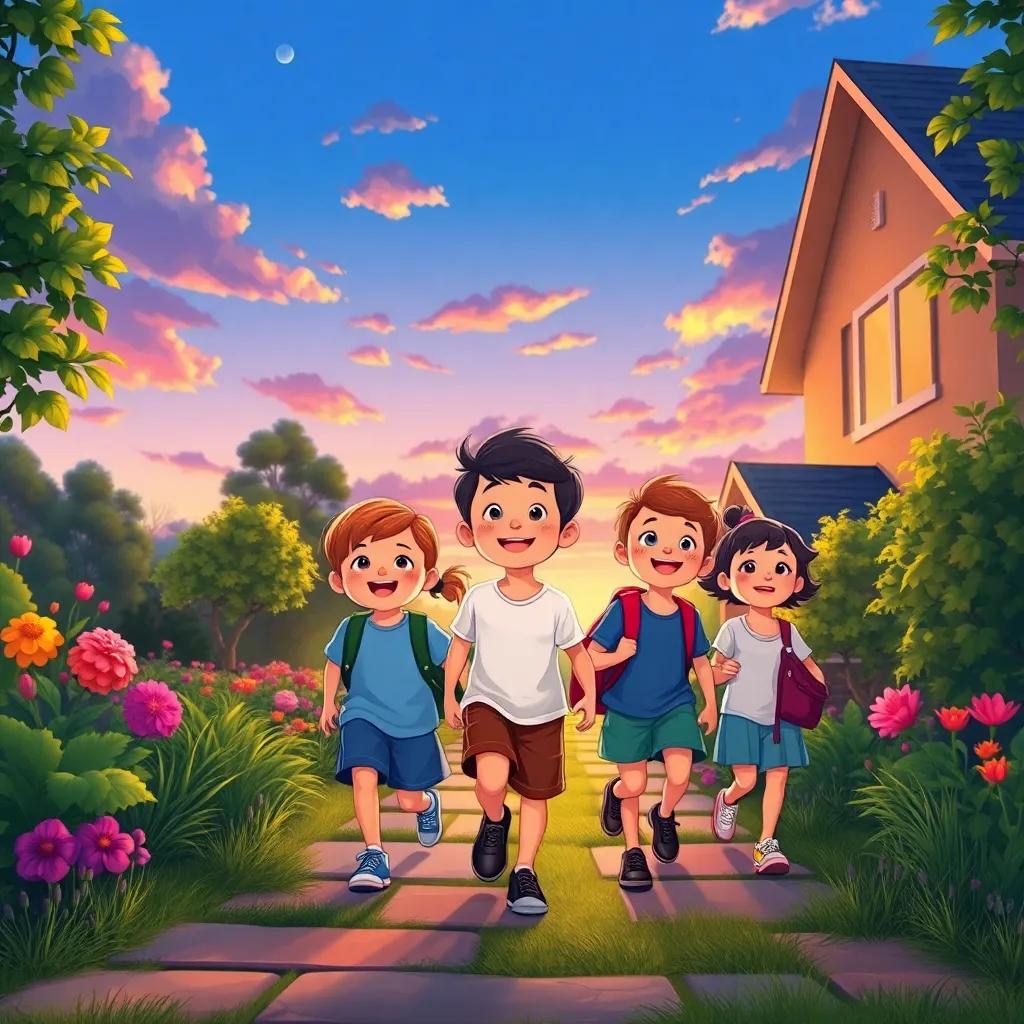 A serene evening scene, children returning home after a successful day, filled with joy and pride, the beautiful garden behind them, colorful sunset, illustration, uplifting, high quality