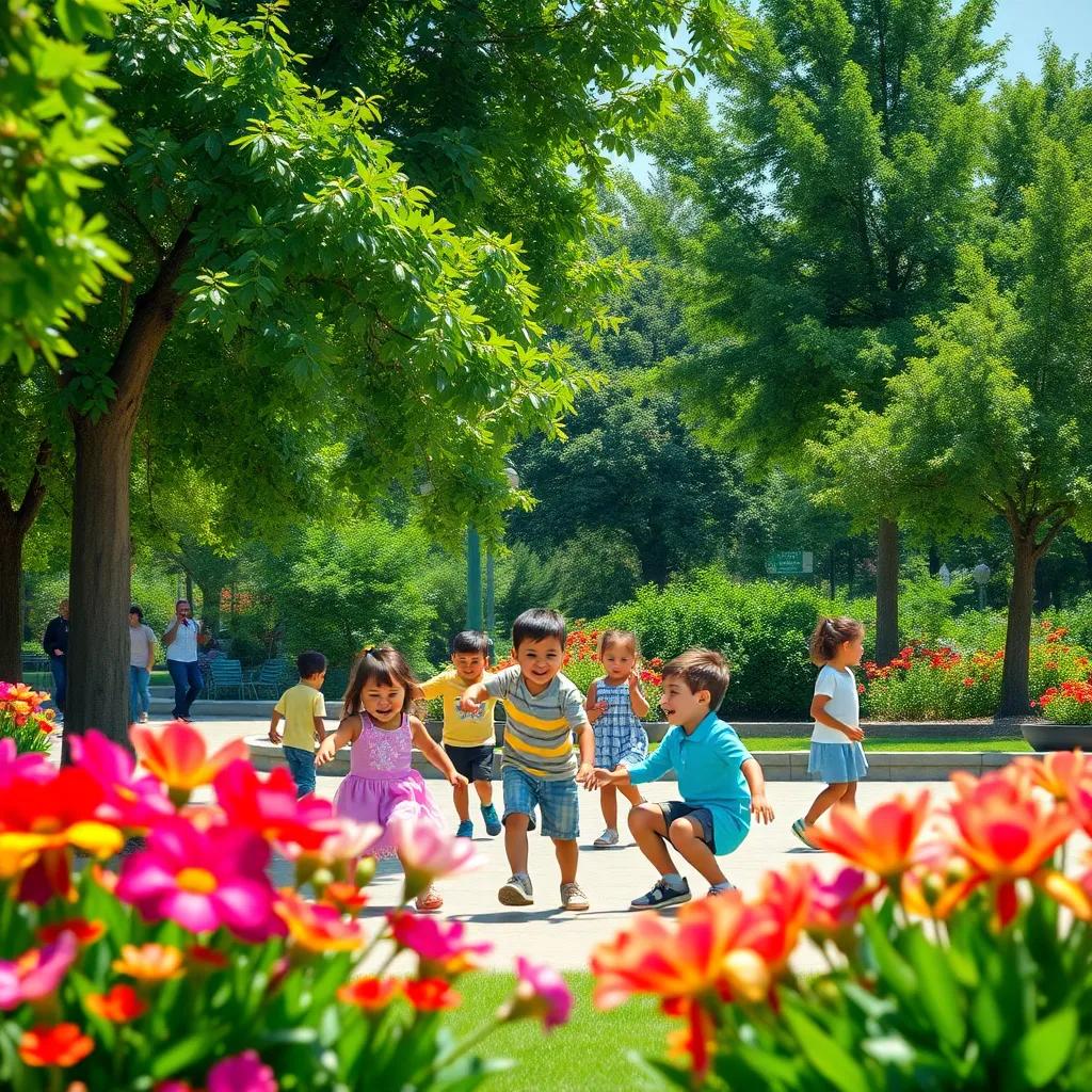 A sunny day in Al Hamra, children playing in a public park surrounded by lush greenery, colorful flowers blooming, children laughing and enjoying, digital art, vibrant colors, cheerful atmosphere, high quality