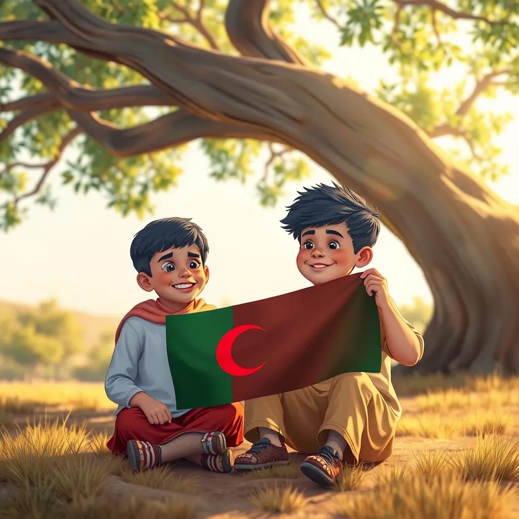 Two children, Shamsa and Nasser, discussing proudly about the Oman flag, sitting under a big tree, smiling and eager, illustration, warm light, friendly setting, child-friendly