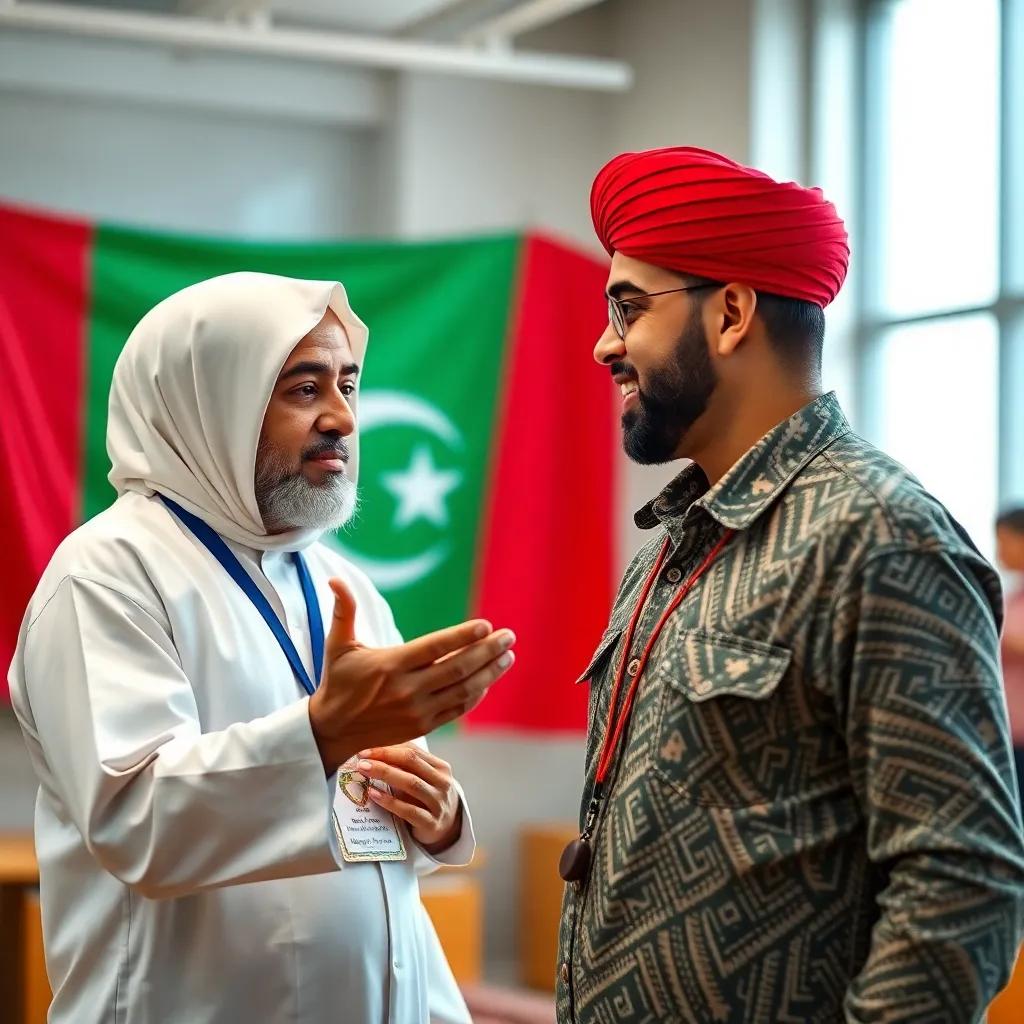 Shamsa explaining the Oman flag to Nasser, lively colors of the flag - white, red, and green visible in the background, energetic atmosphere, detailed representation, educational scene, bright and inviting