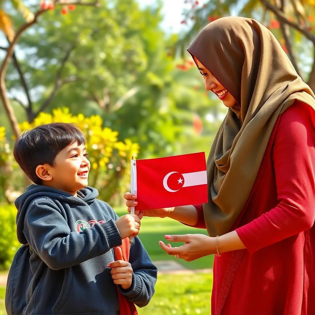 Shamsa holding a small flag of Oman while explaining its meanings to Nasser, lush park scenery around them, children's expressions full of joy and curiosity, colorful, cheerful environment, vibrant