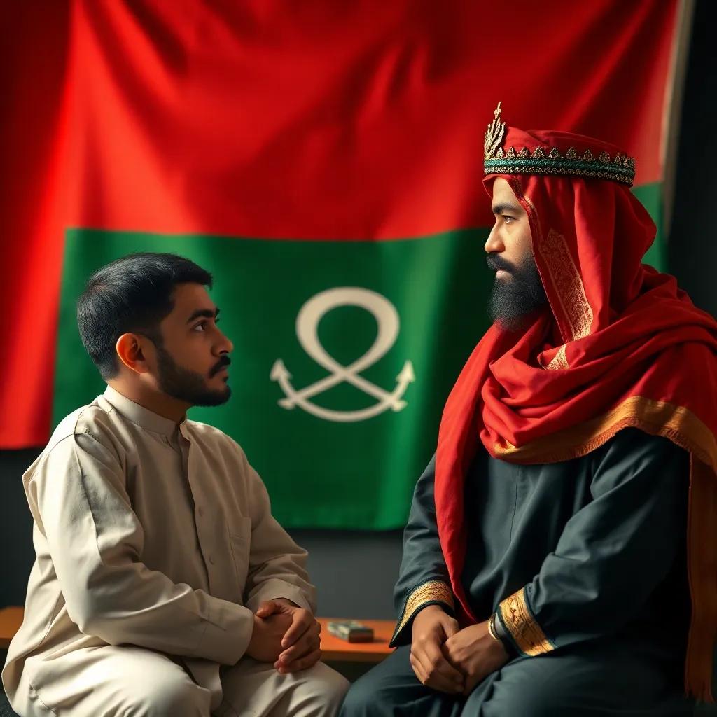 Nasser listening intently to Shamsa about the importance of the Oman flag, with symbols of swords and dagger in the background, educational, rich colors, insightful vibe, child-friendly