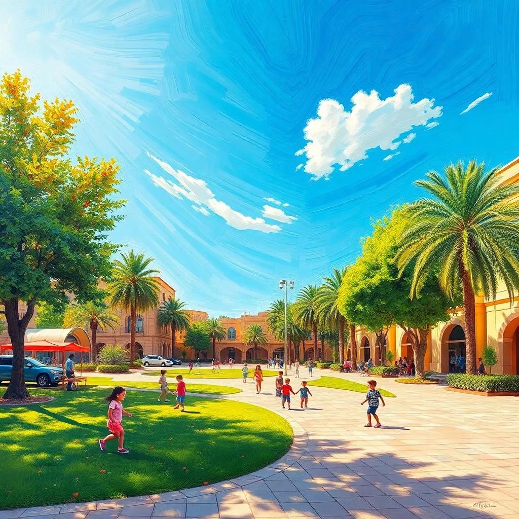 A sunny public park in Al Hamra, with children playing and a bright blue sky, children joyful, detailed landscape, warm colors, cheerful atmosphere, high quality