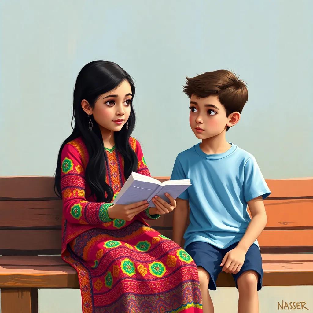 Shamsaa, an Omani girl with long black hair, wearing a colorful traditional dress, sitting on a bench explaining to Nasser, an Omani boy with short hair, dressed in a plain t-shirt, looking curious and interested, digital art, vibrant, child-friendly, engaging