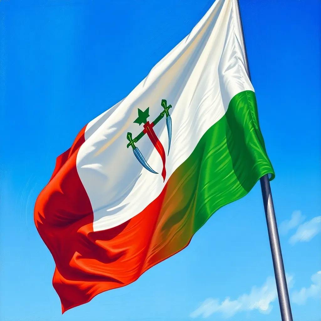Close-up of the Omani flag, showing the white, red, and green colors with the two crossed swords and a dagger, fluttering in the wind against a blue sky, illustration, detailed, bright colors, flag representation