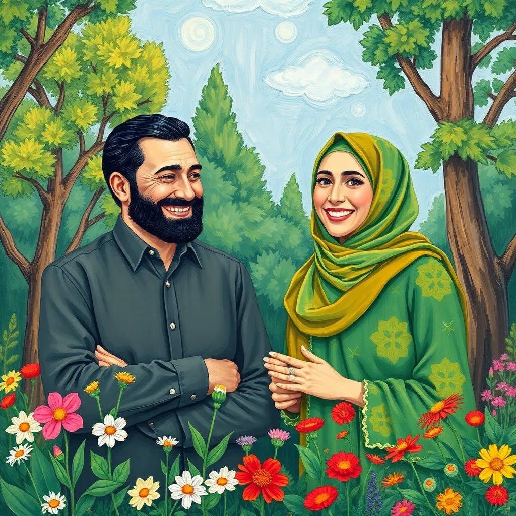 Nasser and Shamsaa smiling while discussing the flag meanings, surrounded by nature, with trees and flowers, representing a sense of pride, illustration, heartwarming, bright colors, friendly