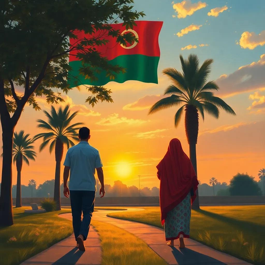 A beautiful sunset in the park, with Nasser and Shamsaa walking home, the Omani flag in the background as a symbol of their pride, warm light, soft colors, nostalgic feeling, high quality