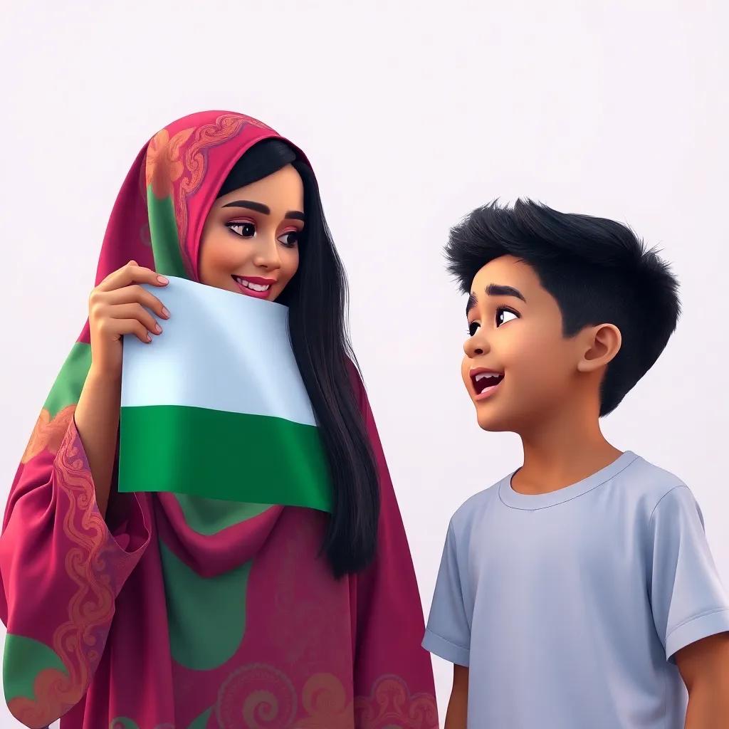 Shamsa, an Arab girl with long, dark hair in a colorful abaya, explaining Oman's flag to Nasser, an Arab boy with short black hair wearing a casual t-shirt, expressing excitement, close-up, lively expression