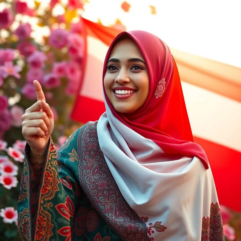 Shamsa, wearing a colorful abaya with intricate patterns, pointing towards the Omani flag, with sunlight illuminating her face, joyful expression, background of flowers