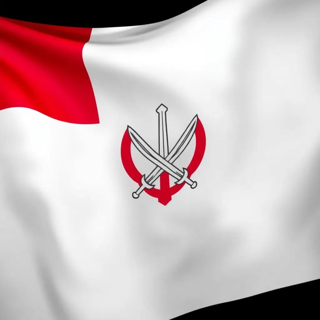 A close-up of the Omani flag with its three colors - white, red, and green, and the emblem of two swords and a dagger in detail, symbol of pride, high detail, vibrant