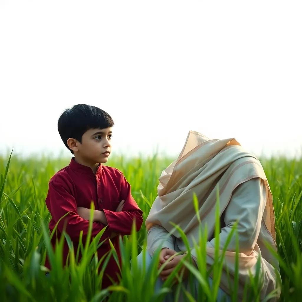 Nasser, a young Arab boy with neat black hair, listening attentively as Shamsa explains the meanings of the colors, surrounded by green grass, captured moment of learning