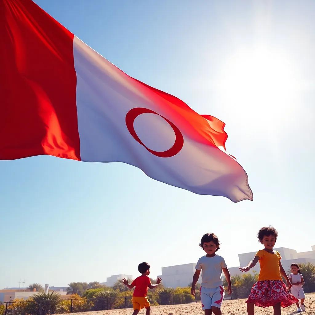 A clear view of the Omani flag waving proudly in the wind, with children playing nearby, bright sunlight creating a happy scene, colorful