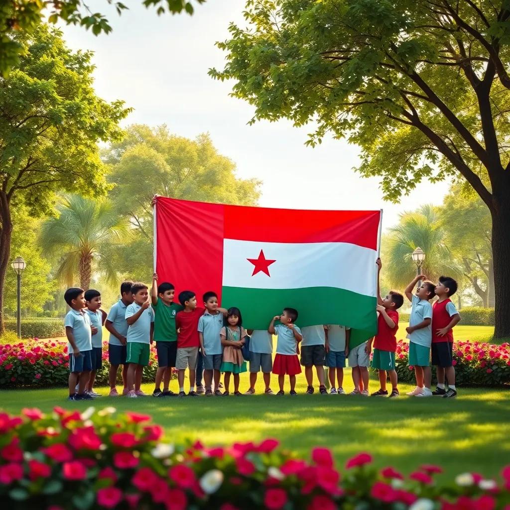 The park with children gathered around the Omani flag, expressing pride and happiness, surrounded by lush trees and flowers, festive atmosphere, high quality