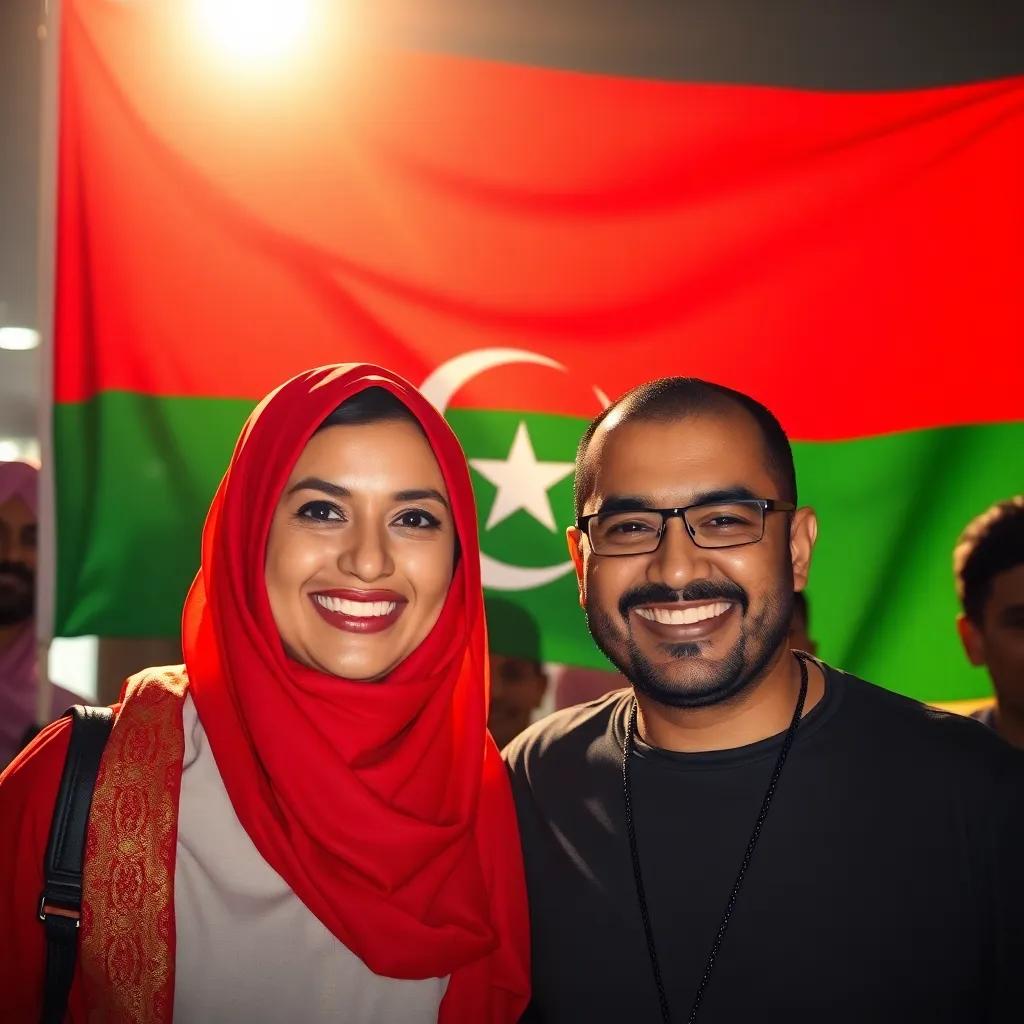 Shamsa and Nasser smiling proudly in front of the Omani flag, sunlight shining on their faces, surrounded by friends, capturing the spirit of unity