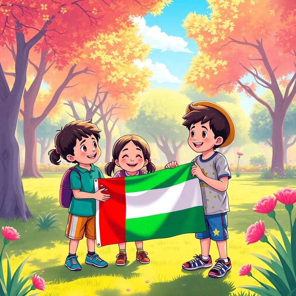 A vibrant, sunny park scene depicting friendship and pride, with children engaging in learning about the Omani flag, bright hues and joyful expressions
