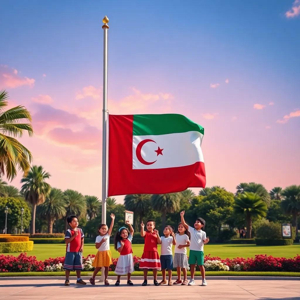 The Omani flag standing tall against the beautiful park setting, symbolizing joy and unity, children celebrating their culture, high quality, cheerful atmosphere