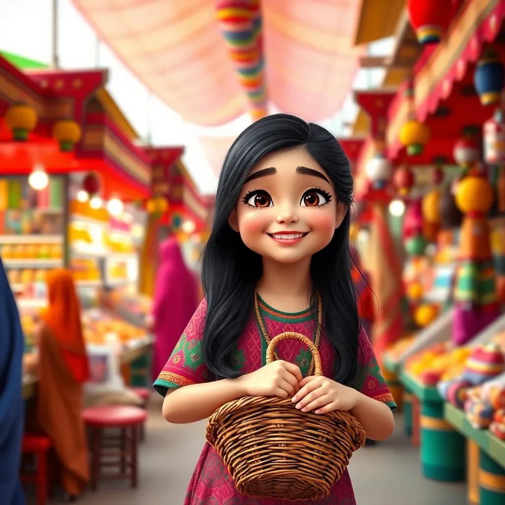 A bustling Omani market with colorful stalls, Shamsa, a young Omani girl with dark hair wearing a traditional colorful dress, holding a basket, joyful expression, vibrant surroundings, digital art, rich colors, lively atmosphere, high quality