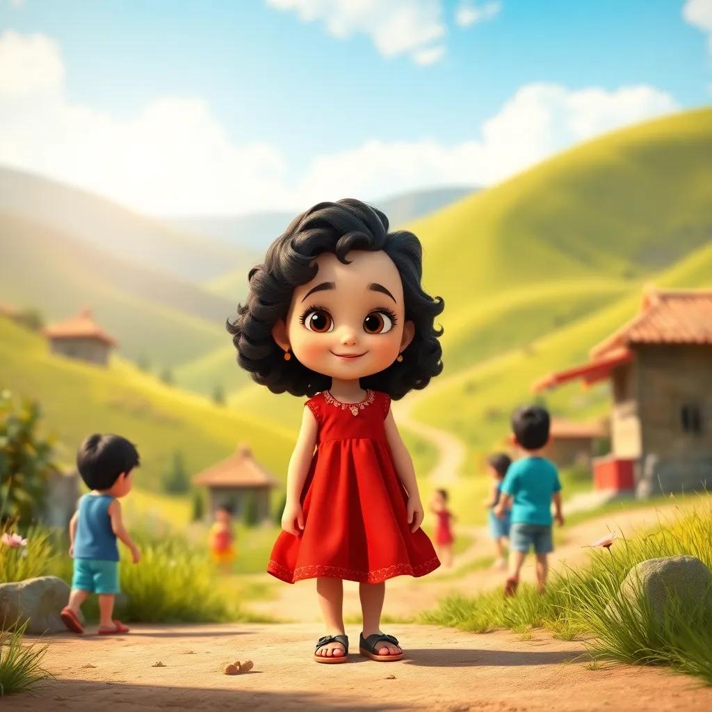 A small girl named Najwa, in a vibrant red dress, with curly dark hair, standing in a sunny valley of Zahle. The background features green hills and blue skies, cheerful atmosphere, children playing nearby, digital art, bright and colorful, high quality