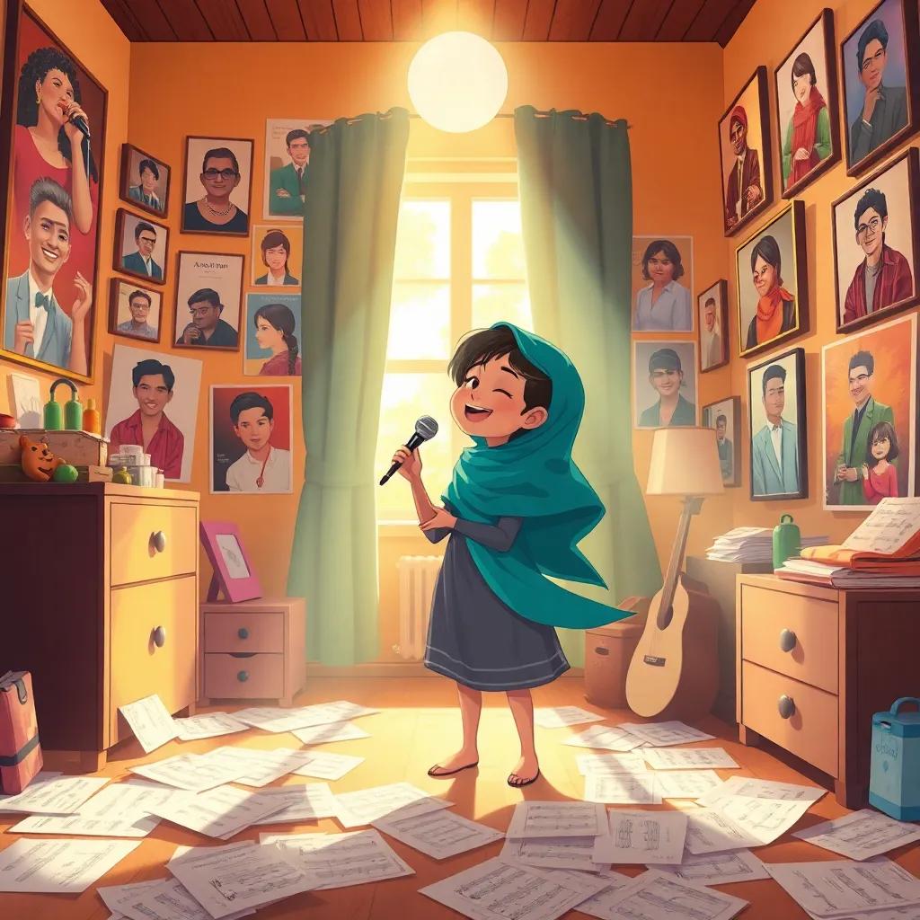 Najwa, now a young girl, singing joyfully in her room filled with posters of famous singers. Sunlight streaming through the window, music sheets scattered all around, child-like dreams and creativity, illustration, warm colors, high resolution