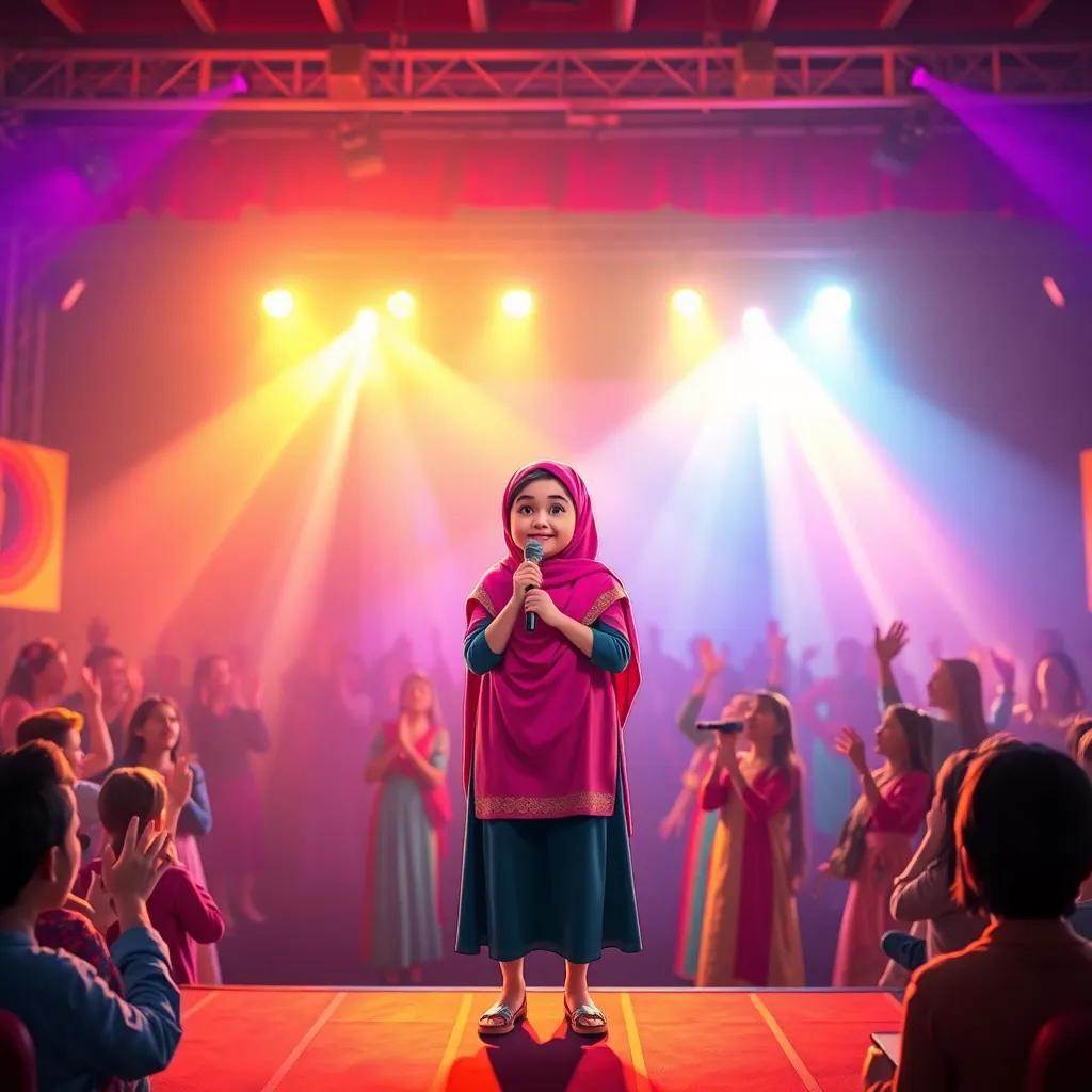 A stage filled with lights, young Najwa standing confidently with a microphone in her hand. The audience clapping excitedly, dressed in colorful outfits, bright stage lights, celebration atmosphere, dynamic view, detailed digital art, high quality