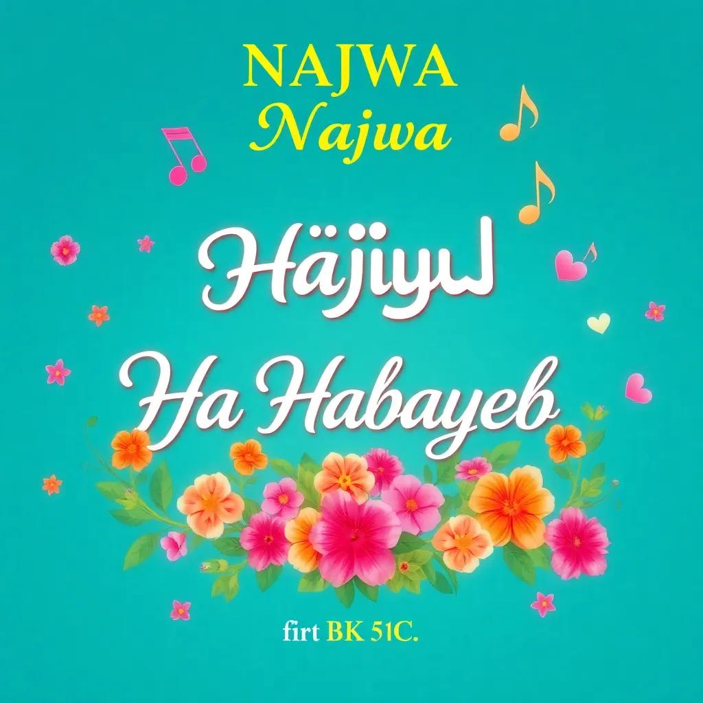 An album cover of Najwa's first album, featuring beautiful artistic elements. The album title "Ya Habayeb" written in elegant letters, adorned with musical notes and flowers, colorful and inviting design, illustration, vibrant and enchanting