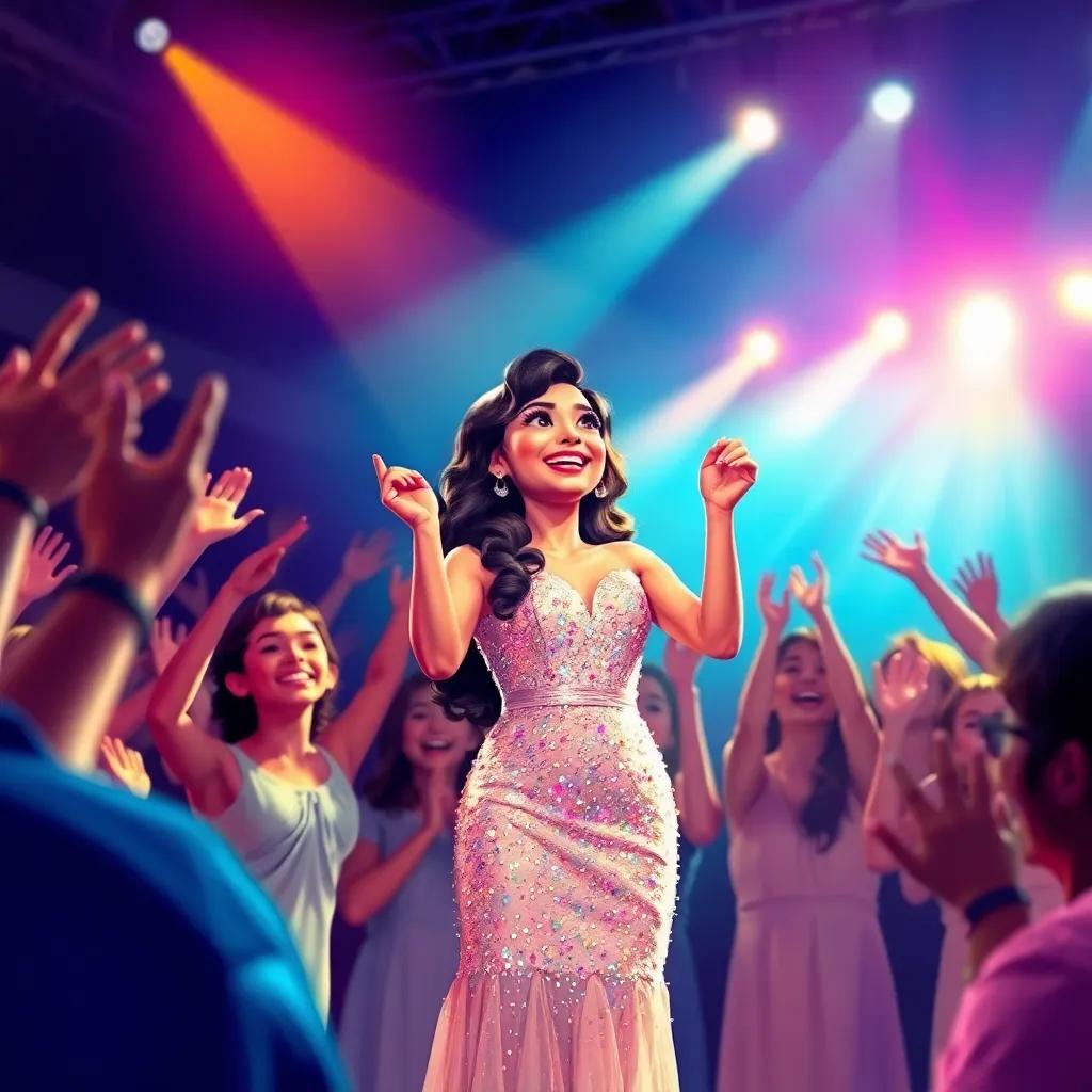 Najwa on stage in 1991, wearing a sparkling dress, surrounded by joyful fans cheering. Bright spotlights shining on her, heartwarming emotions on faces, magical moment captured in art, colorful, vivid, joyful feeling, digital painting