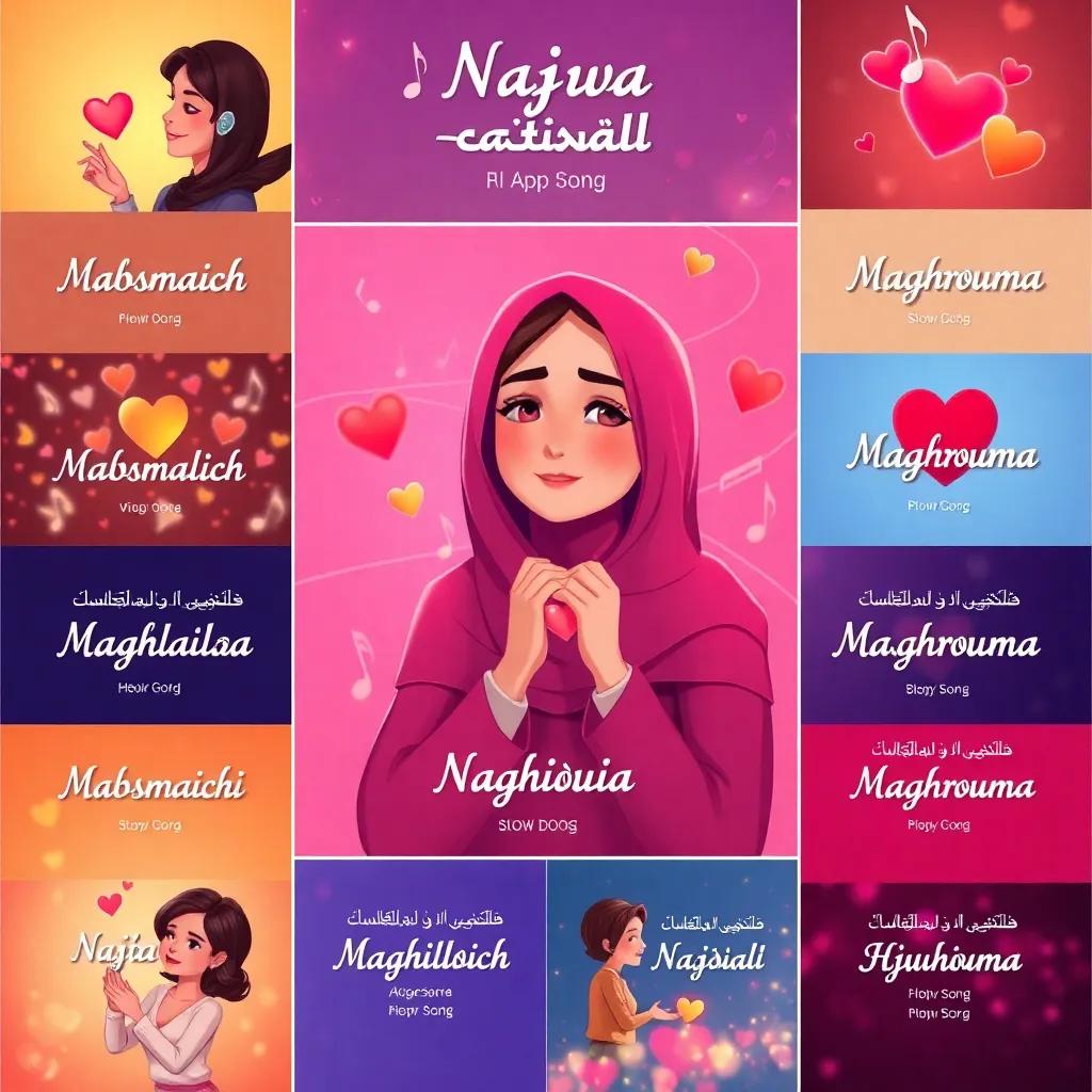 A collage of Najwa's famous songs like "Mabsmalich" and "Maghrouma" with artistic representations of music notes and hearts. Each title displayed brightly with corresponding visuals, warm and loving atmosphere, detailed illustration, high quality