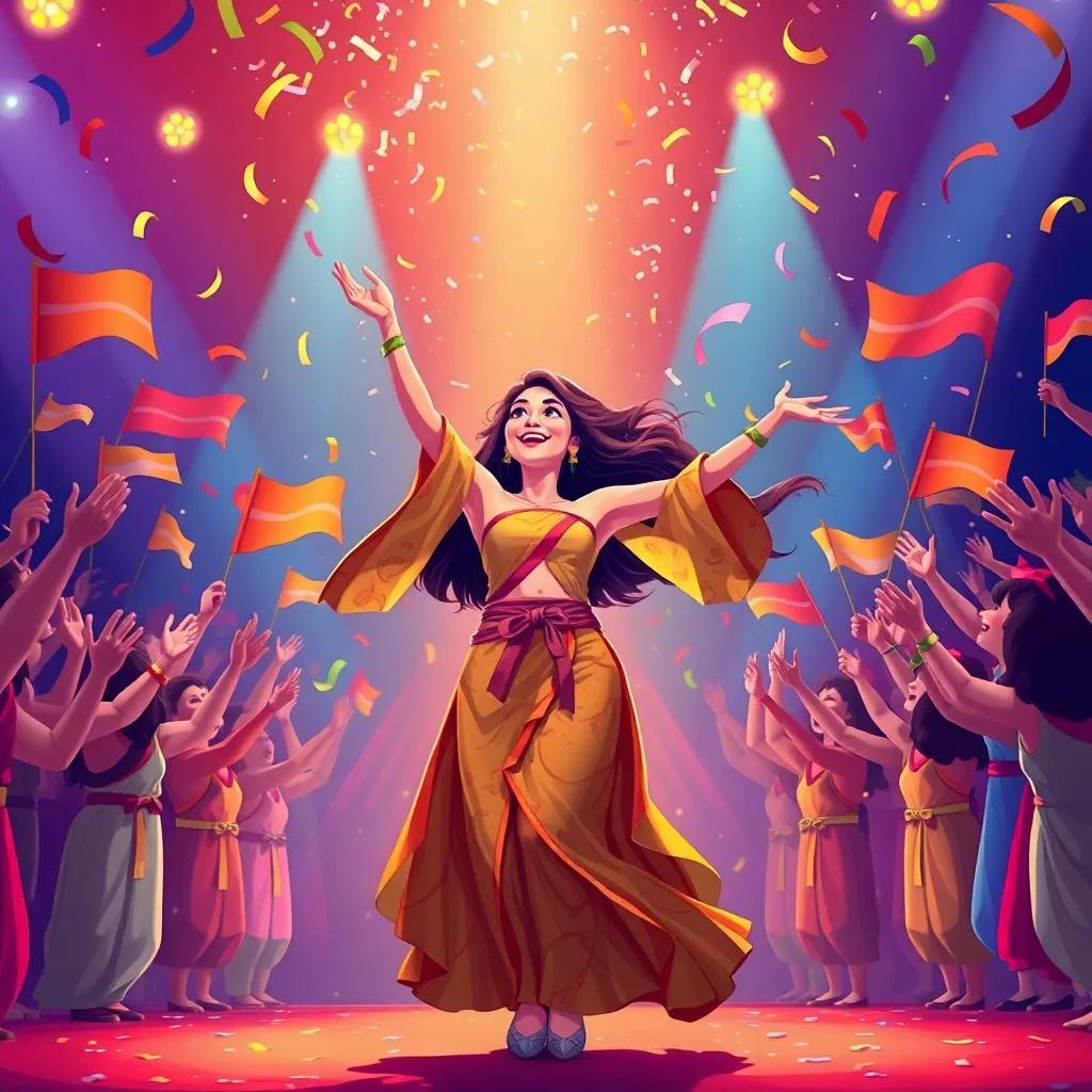 Najwa dancing passionately on a vibrant stage, her fans waving flags and singing along. The energy is magical, with confetti falling from above, illustration, colorful, dynamic perspective, highly detailed