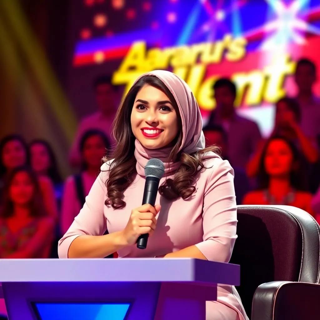 Najwa in 2011 as a judge on "Arabs Got Talent", sitting confidently with a warm smile and her microphone. Background features contestants performing, supportive and encouraging atmosphere, digital art, vivid colors, high resolution