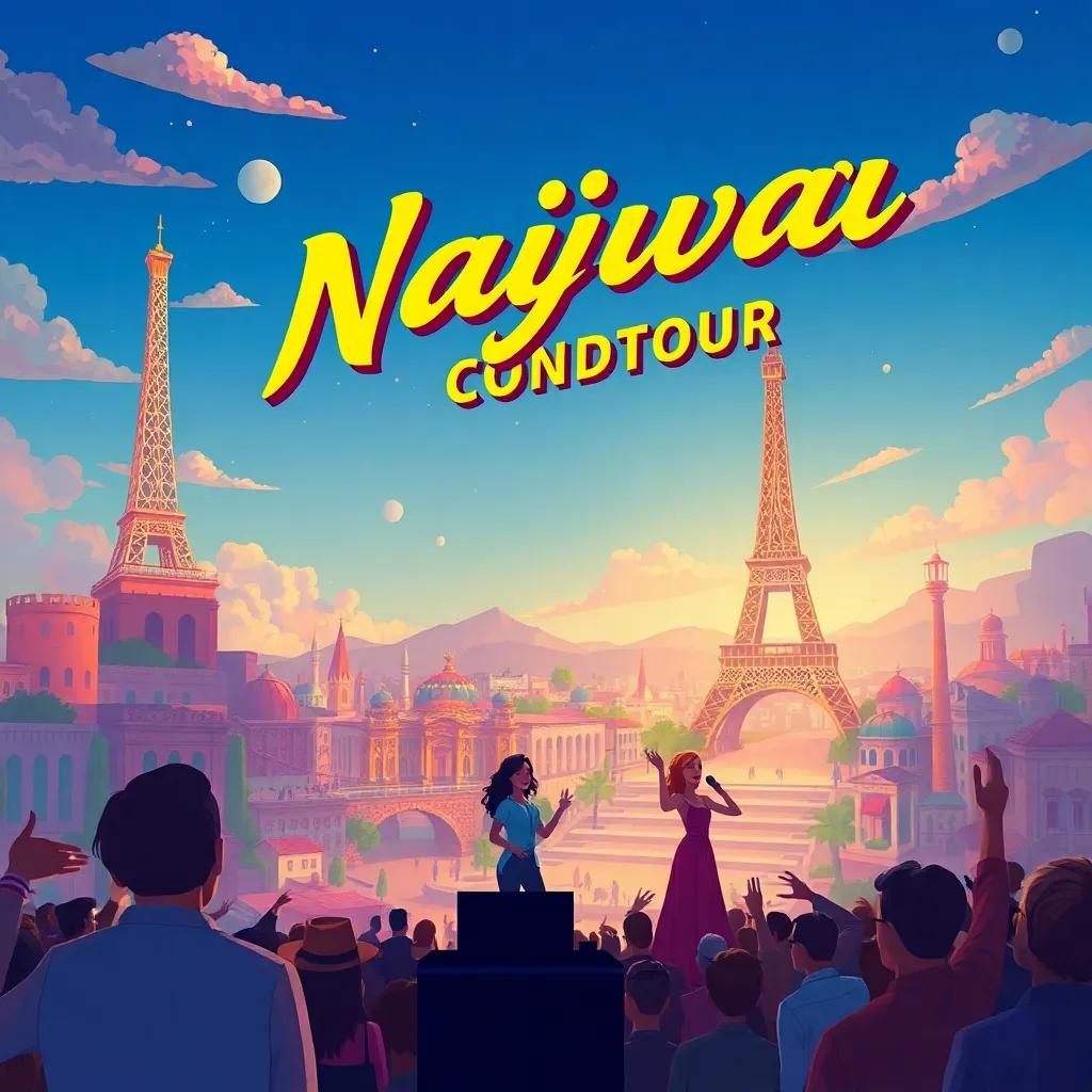 A beautiful landscape of Najwa's concert tour, featuring iconic places like Carthage and Paris in the background. Shows an adventurous spirit and moments of joy, artistic representation, colorful, joyful, detailed illustration