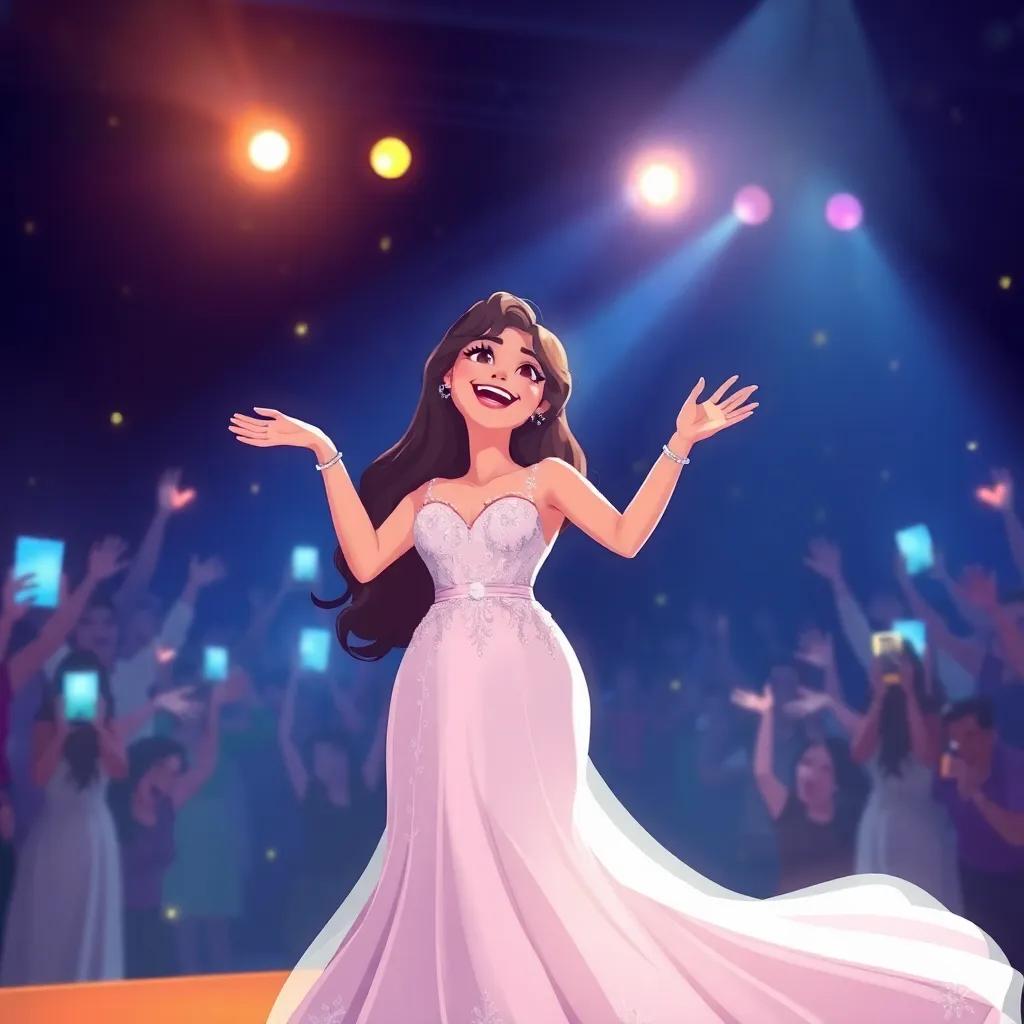 Najwa in a wedding dress, radiating joy and love on stage, surrounded by her fans celebrating. Bright lights illuminating the scene, capturing the fairy-tale moment, illustration, vibrant colors, heartwarming