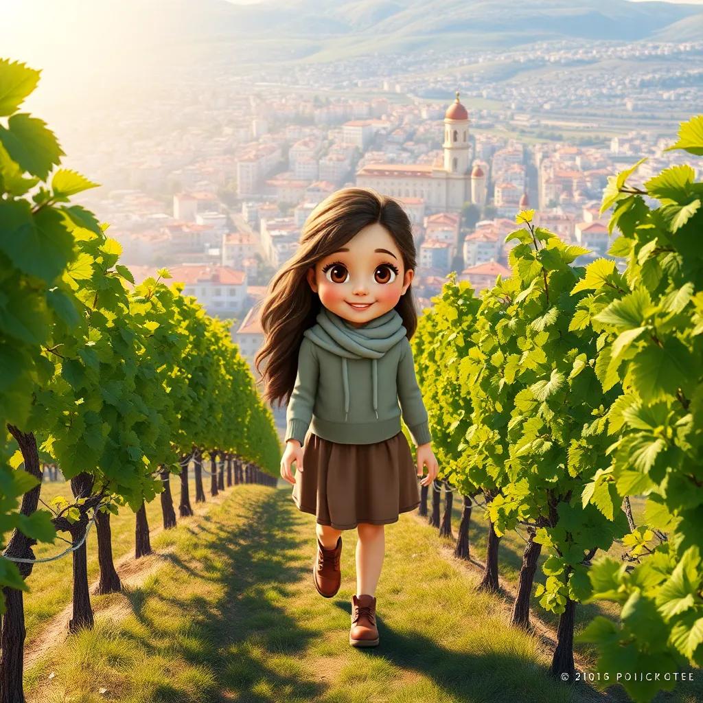 Aerial view of Zahle city on a sunny winter day, a young girl named Najwa walking between grape vines, cheerful atmosphere, bright colors, inviting scene, high quality