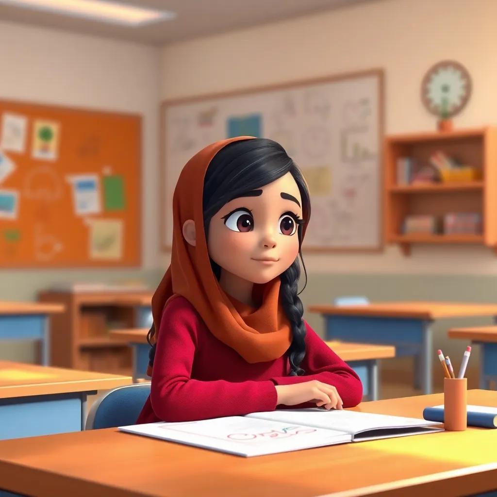 Teenage Najwa sitting at her desk in a classroom, looking thoughtful as her teacher questions her, the room filled with colorful drawings, warm light, child-friendly