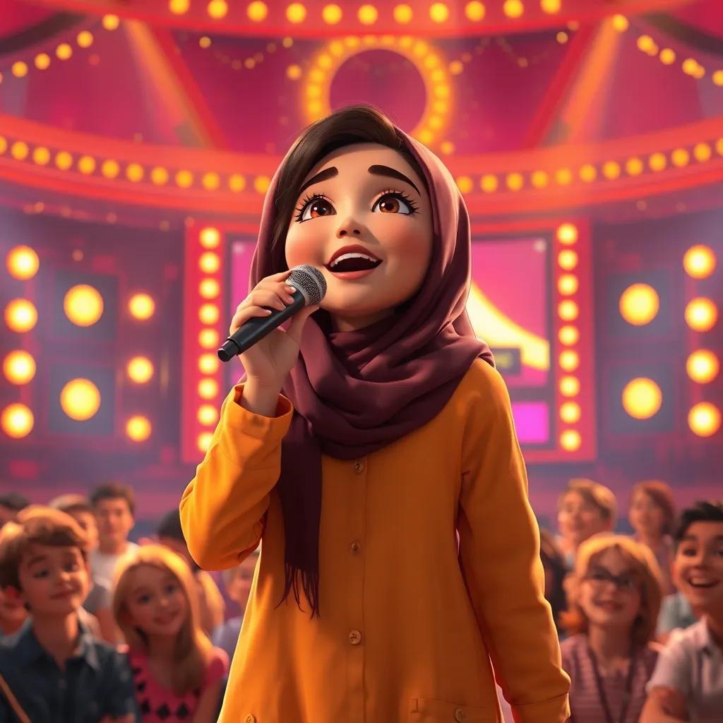 Young Najwa confidently singing in a retro TV show, golden lights surrounding her, the audience amazed, vibrant colors, immersive scene, high quality