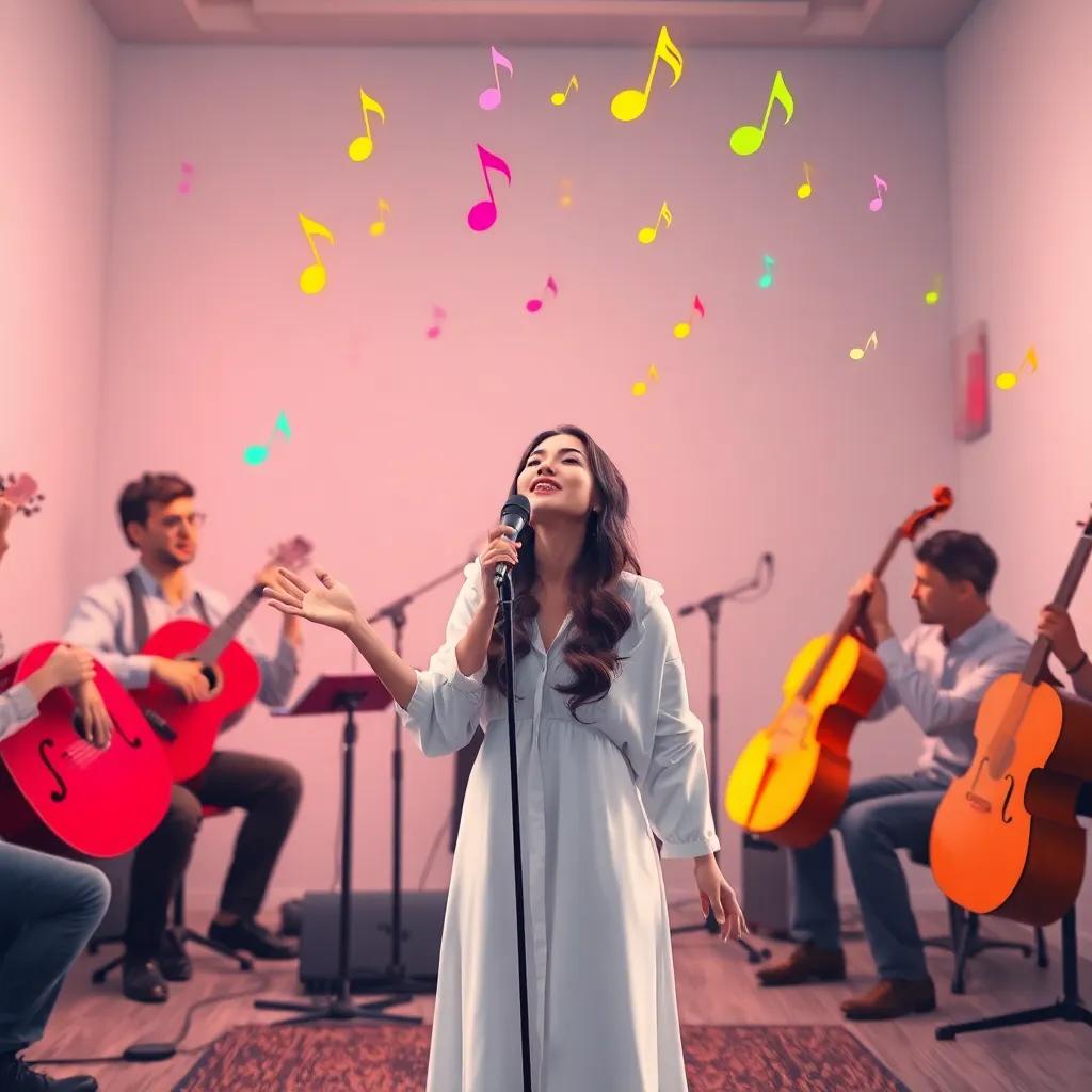 Najwa in a simple studio wearing white, surrounded by fascinated musicians as she sings, colorful music notes floating in the air, bright and lively atmosphere, dynamic composition