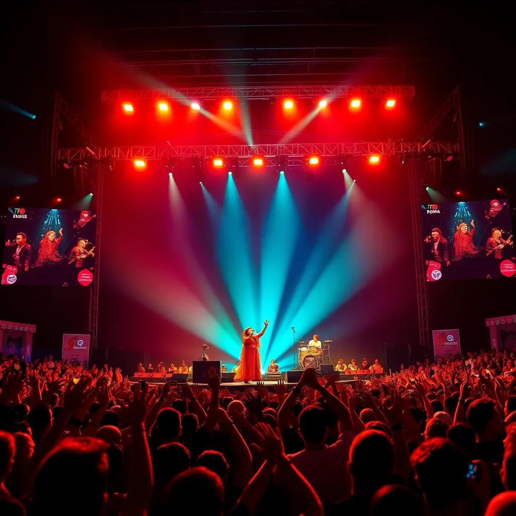 Collage of Najwa performing on stage at Baalbek, Paris, and US festivals, fans cheering 'The Sun of the Song', energetic crowd, rich colors, festive vibe
