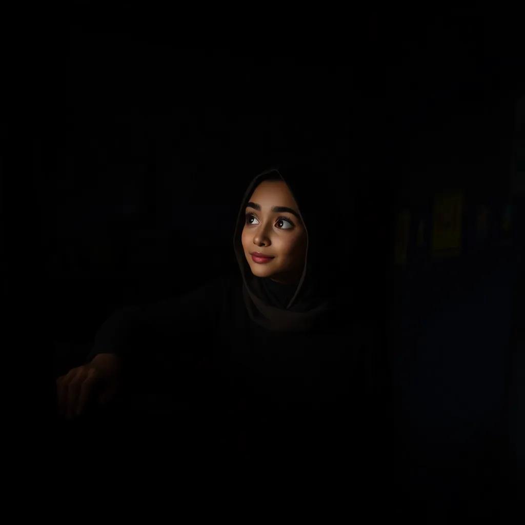 Najwa alone in a dark room, looking thoughtful and emotional, soft light casting gentle shadows, deep and reflective atmosphere, poignant scene