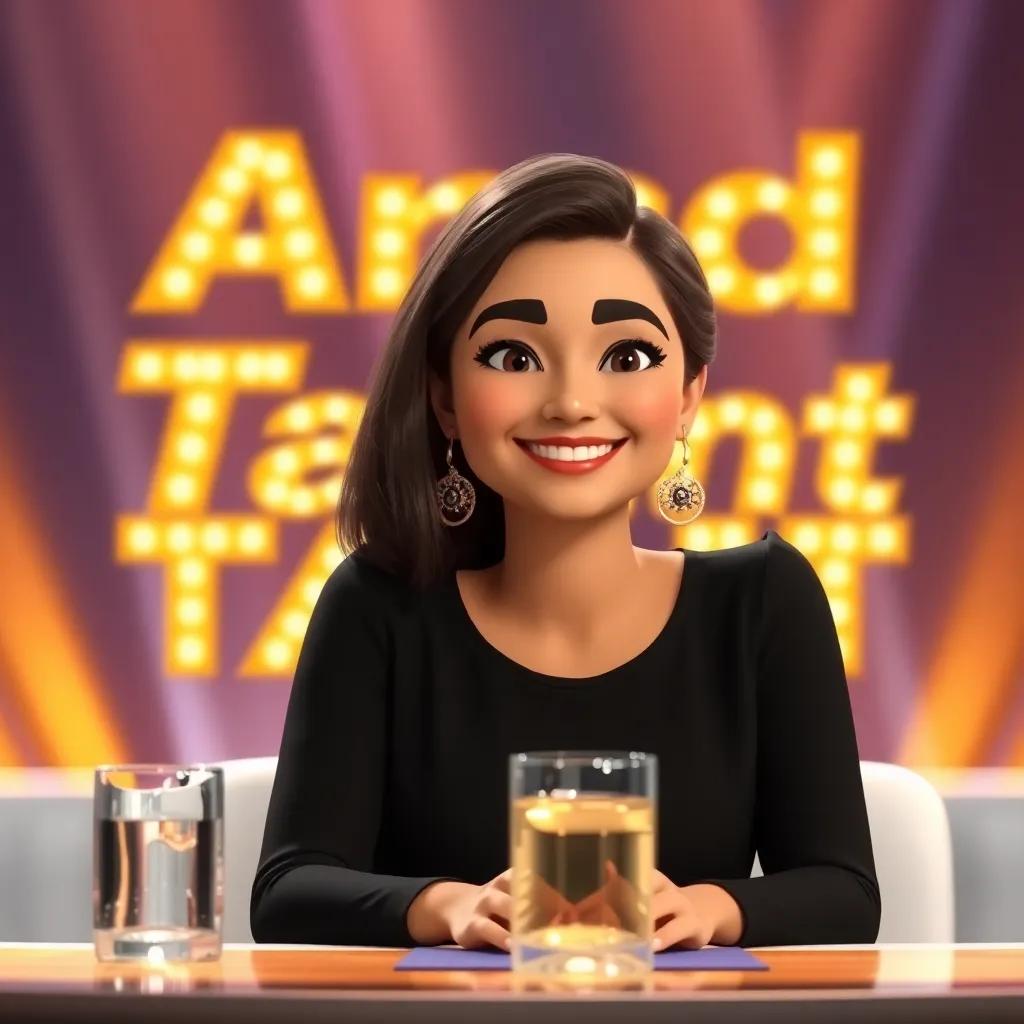 Najwa smiling confidently on the judging panel of Arab Got Talent, golden letters of her name glowing behind her, celebratory mood, eye-catching scene
