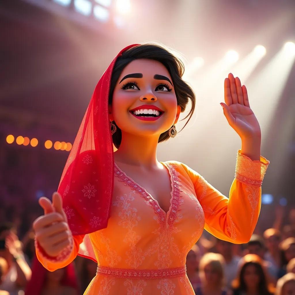 Behind the scenes of a concert in Romania, Najwa happily announcing her marriage, sunlight shining behind her, symbolizing a new beginning, bright colors, joyful composition