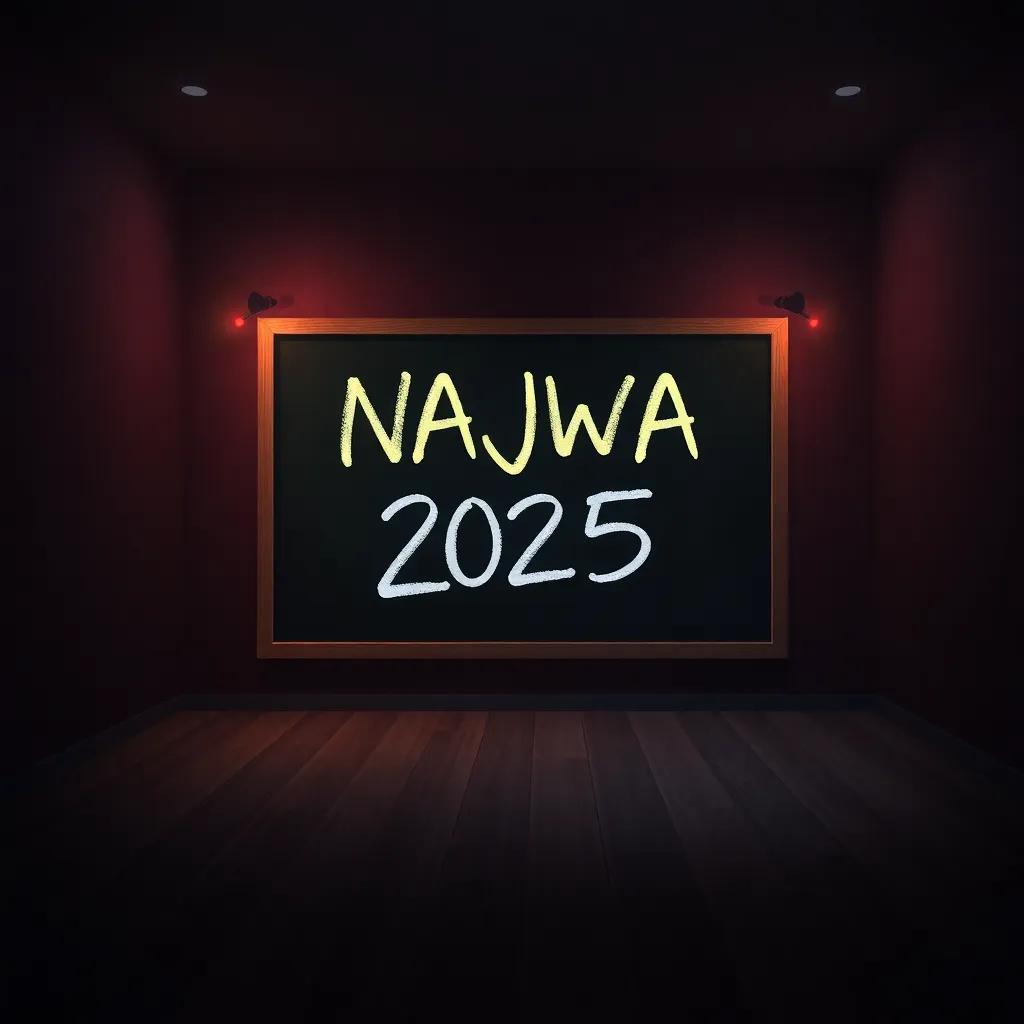In a dark room, the words ‘NAJWA 2025’ on a blackboard, music rises dramatically, showcasing her new album, vivid colors, epic style inspired by anime