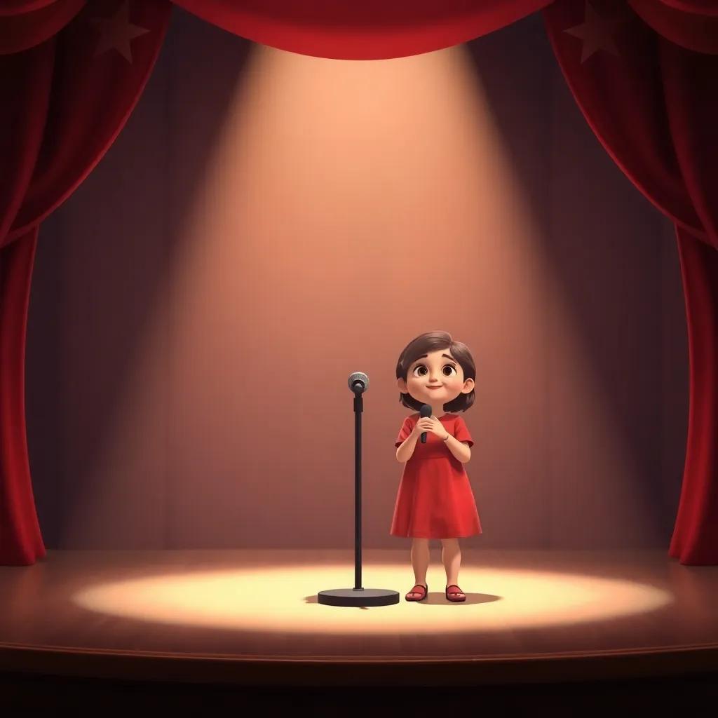 Empty stage with a microphone in the center, Najwa's voice singing softly, a little girl resembling Najwa holding the microphone and singing, warm and heartwarming atmosphere, inviting scene
