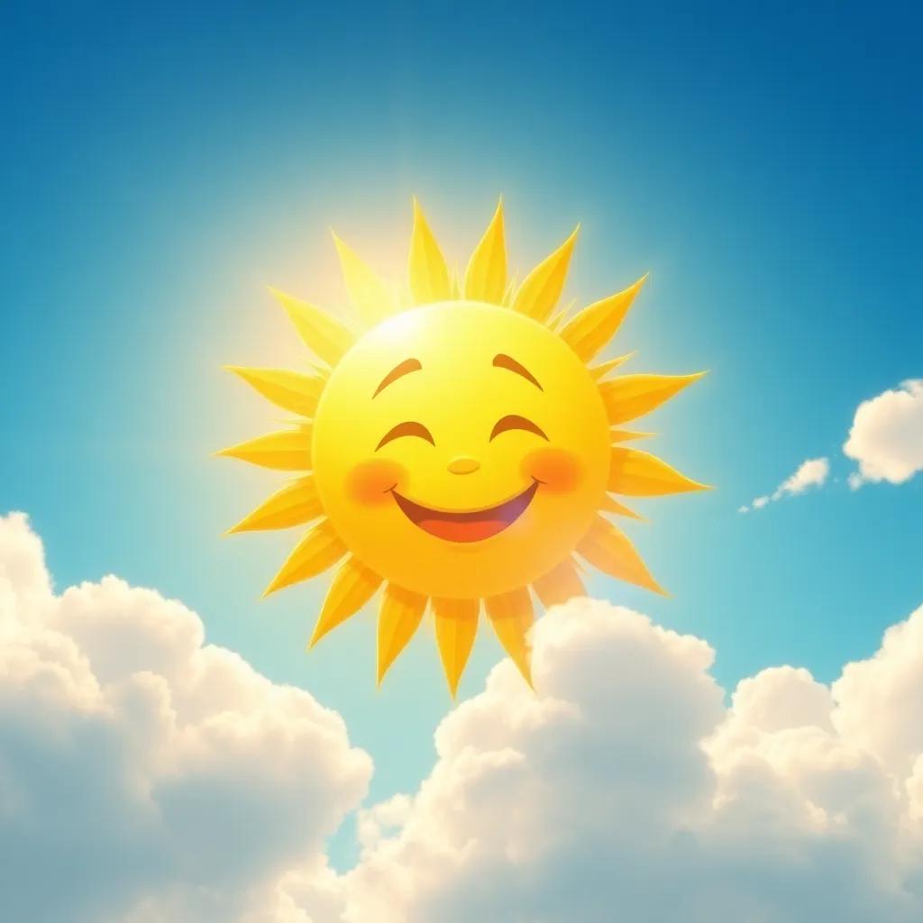 A bright sun in a clear blue sky, shining with golden rays, cheerful expression, surrounded by fluffy white clouds, digital art, warm colors, joyful atmosphere, high quality